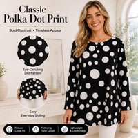 Women's Light Luxury Satin Crew Neck Long Sleeve Tunic Shirts - Black Base with Large Polka Dots, Mid-Length, Loose Drape, Curve-Hiding, Breathable Casual Bohemian Commuter Cover-Up Tops image 5
