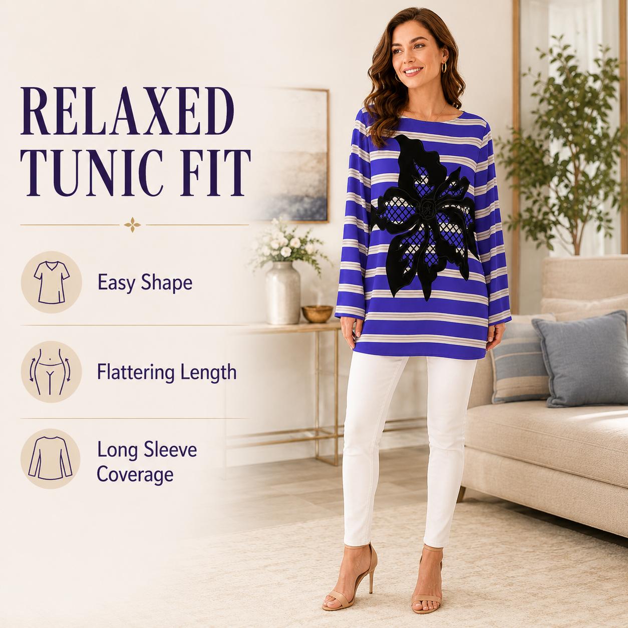 Women's Light Luxury Breathable Faux Silk Striped Blouse - Blue & White Horizontal Stripes, 3D Floral Appliqué, Crew Neck, Longsleeves, Mid-Length, Relaxed Fit, Plus Size Curve-Concealing Clothes image 5