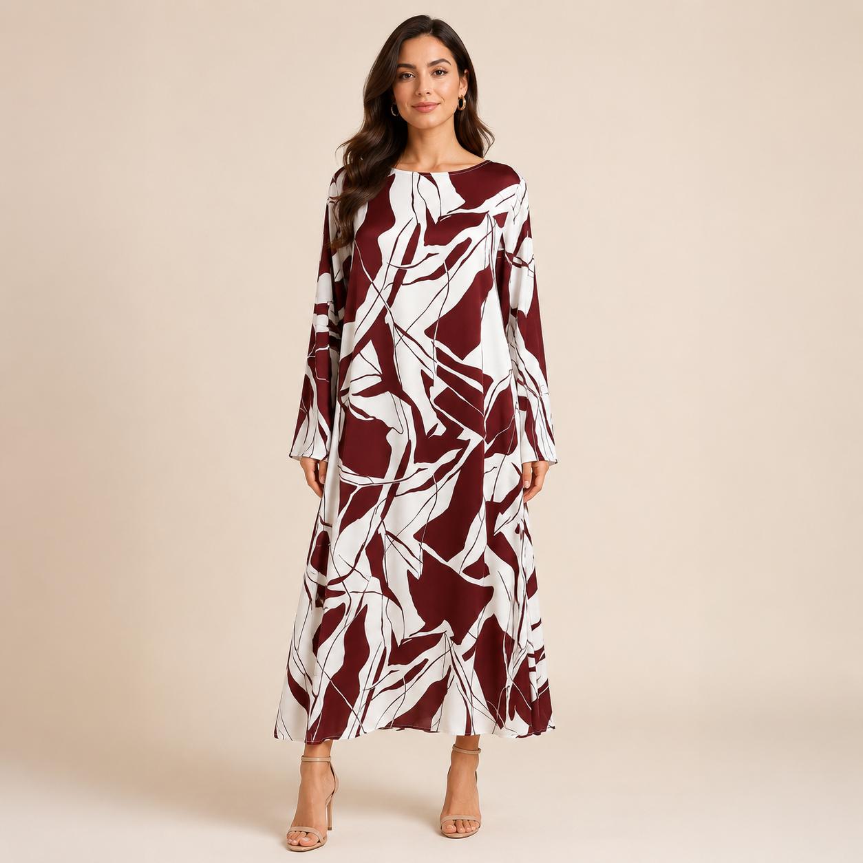 Women's Silk Full-Length A-Line Cut Dress, Elegant Artistic Print with Long Sleeves - Loose Fit for Vacation & Evening Formal Events image 6