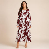 Women's Silk Full-Length A-Line Cut Dress, Elegant Artistic Print with Long Sleeves - Loose Fit for Vacation & Evening Formal Events image 6