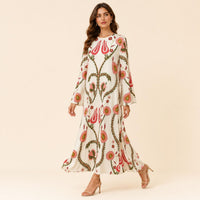 Women's Luxurious Silk A-Line Maxi Dress - Crew Neck, Bell Long Sleeves, Floral Print, Bohemian Relaxed Loose Fit, Flowy Silhouette, Luxurious Statement Piece for Evening Occasions, Hand Wash Friendly image 6