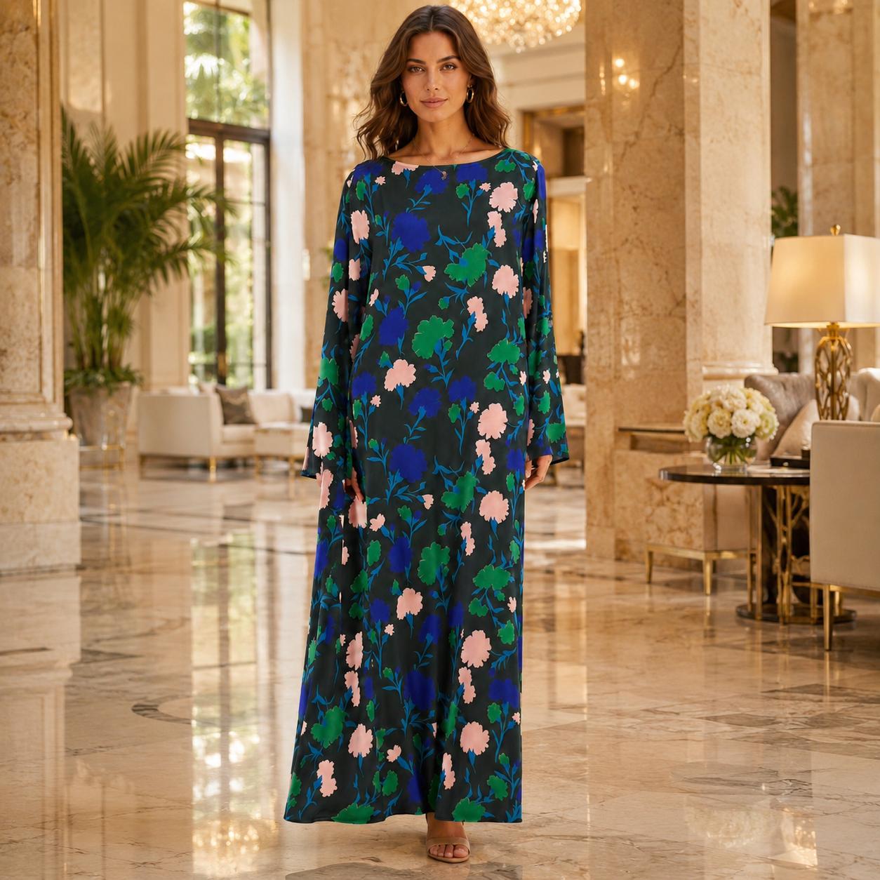 Women’s Premium Silk Floral Print Maxi Dress - Longsleeves, Full Sleeve, Loose Fit, Round Neck, Feminine Flair Elegant Casual Wear for Holiday, Dinner (S, 2XL) - Do Not Bleach image 6