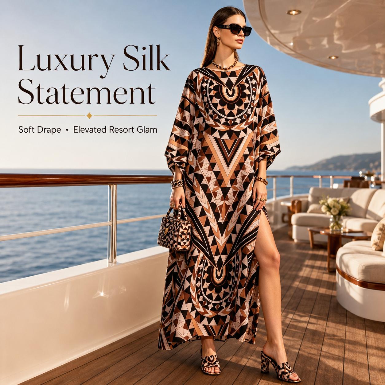 Women's Light Luxury Silk-Touch Faux Silk Longline Cover-Up Dress - Long Sleeve Dresses, Boho Chic, Ethnic Geometric Print, Crew Neck, Lantern Sleeves, Side Slits, Loose Fit, Ideal for Vacations, Beach Wear image 6