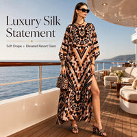 Women's Light Luxury Silk-Touch Faux Silk Longline Cover-Up Dress - Long Sleeve Dresses, Boho Chic, Ethnic Geometric Print, Crew Neck, Lantern Sleeves, Side Slits, Loose Fit, Ideal for Vacations, Beach Wear image 6