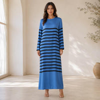 Luxury premium satin maxi dress for women with blue and black striped print, elegant round neck, long sleeves, loose straight fit, floor length; bohemian resort casual vacation everyday long gown Womenswear Crewneck image 6