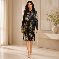 Women's Silky Satin Black Floral Print Long Sleeve Shirt Pullover - Collared Neck, Loose Straight Fit, Minimalist Knee-Length Shift Dress, Suitable for Office & Casual Wear Womenswear Summer image 6