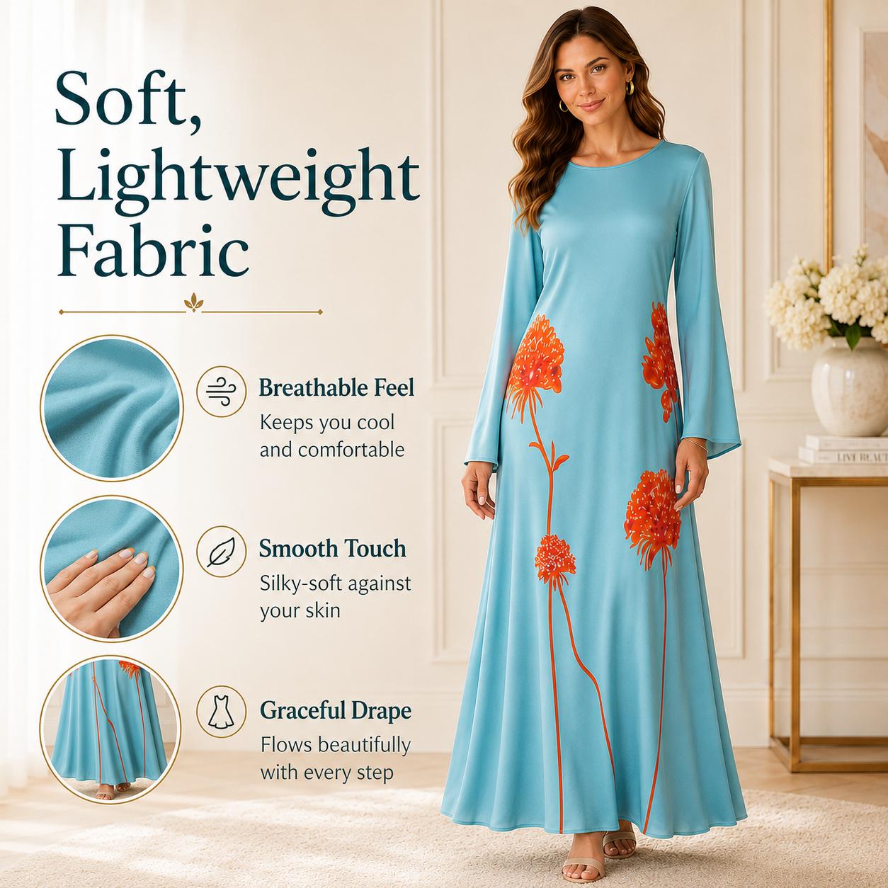 Light luxury faux silk long dress in lake blue and orange floral print, crew neck, bell sleeves, loose fit, maxi length; casual vacation style with a fluid drape and flared silhouette. image 6
