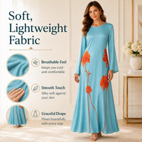 Light luxury faux silk long dress in lake blue and orange floral print, crew neck, bell sleeves, loose fit, maxi length; casual vacation style with a fluid drape and flared silhouette. image 6
