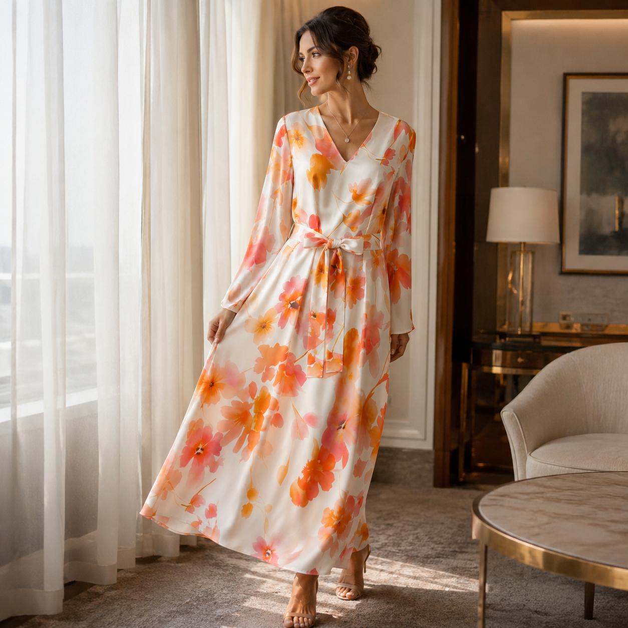 Women's Deep V-Neck Long Sleeve Silk Satin Maxi Dress - Orange Pink Floral Print Wrap Style with Waist Tie-Up Belt, Hand Wash, Elegant Flowy Long Length Wedding Guest Party Dress image 6