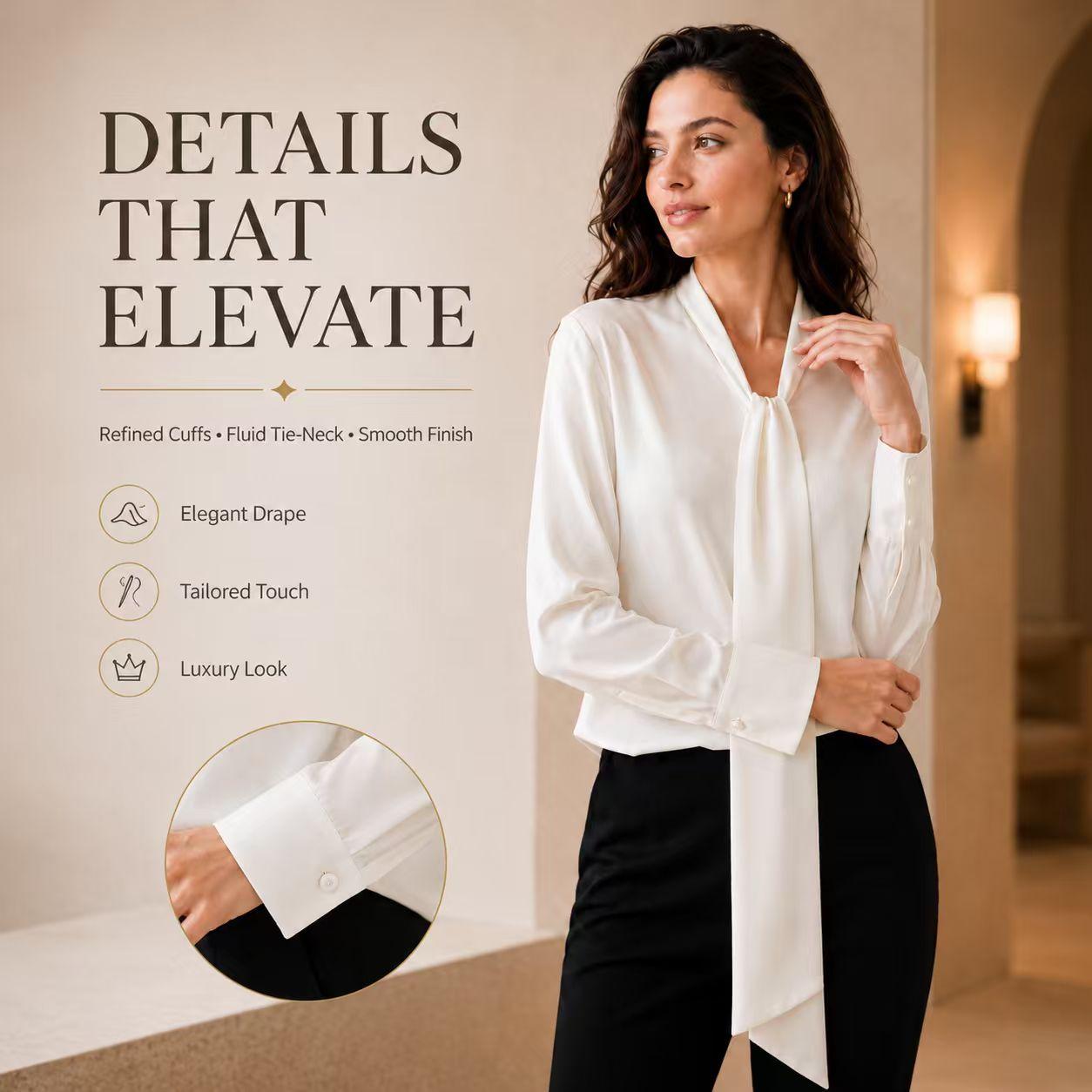 Women’s Formal Fit Chic Smooth Silk-Feel Tie-Neck Long Sleeve Blouse - Comfortable Fabric Office Workwear for Dressy Business Casual Pairing with Skirts, Suits, Trousers, Fitted image 6