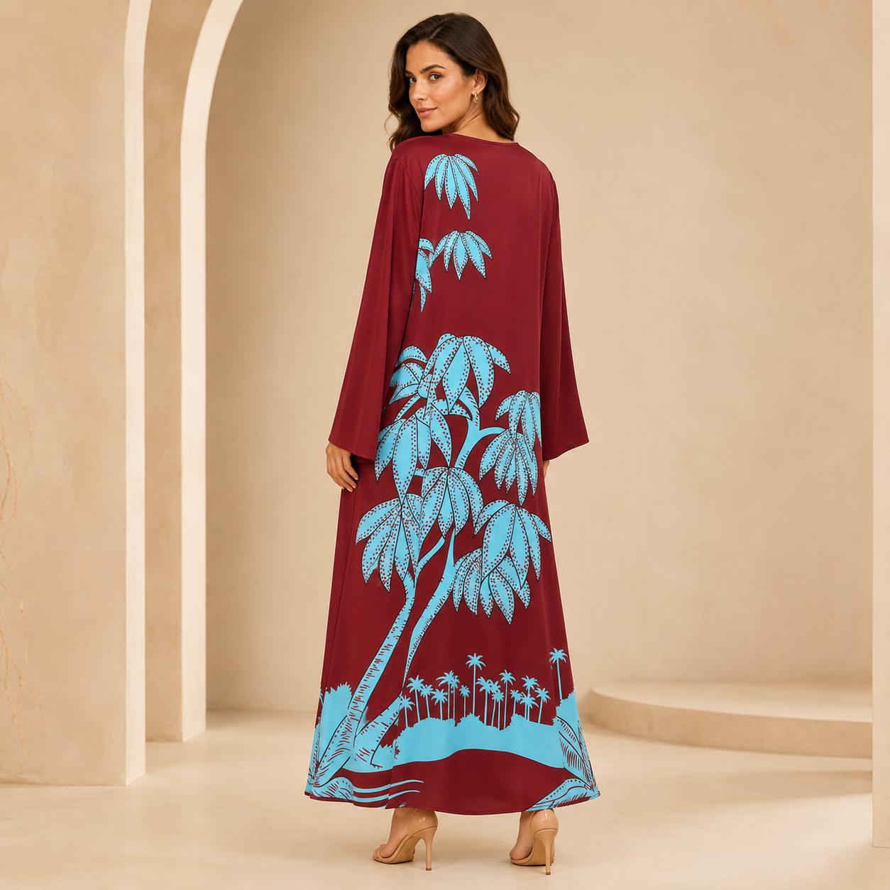 Women’s Premium Silk Maxi Dress - Long Sleeve V-Neck A-Line Tropical Print, Everyday Minimalist Beach Dress, Relaxed Flowy Lightweight Travel Casual Wear for Elegance & Style image 6