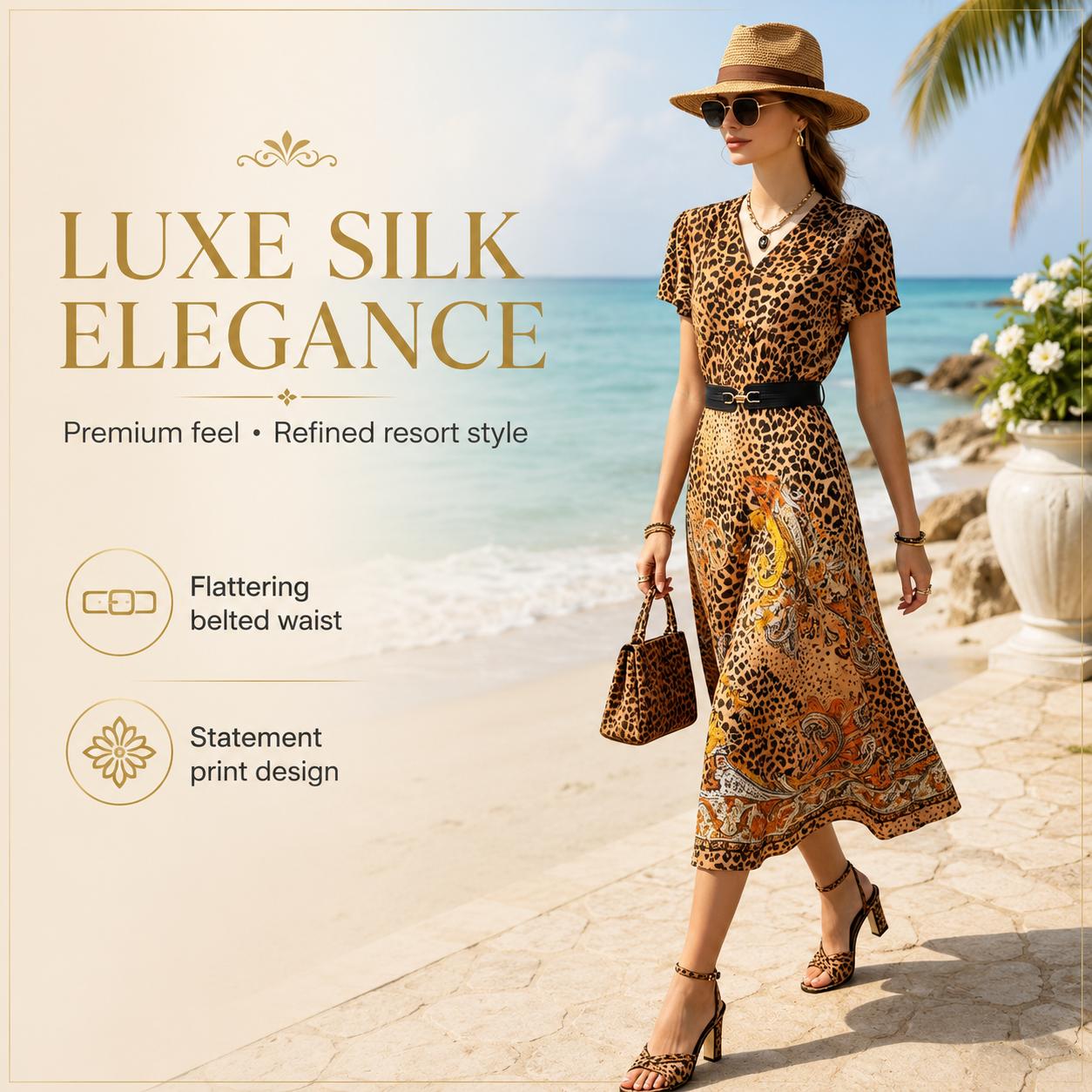 Women's Light Luxury Silk-Touch Floral Mix Paneled V-Neck Short Sleeve Dress - Belted Waist, Tie Detail, Flared Silhouette, Casual Bohemian Beach Midi Dress, Short Sleeves, Belt Closure image 6