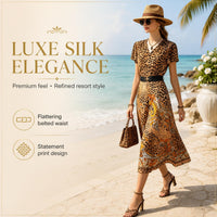 Women's Light Luxury Silk-Touch Floral Mix Paneled V-Neck Short Sleeve Dress - Belted Waist, Tie Detail, Flared Silhouette, Casual Bohemian Beach Midi Dress, Short Sleeves, Belt Closure image 6