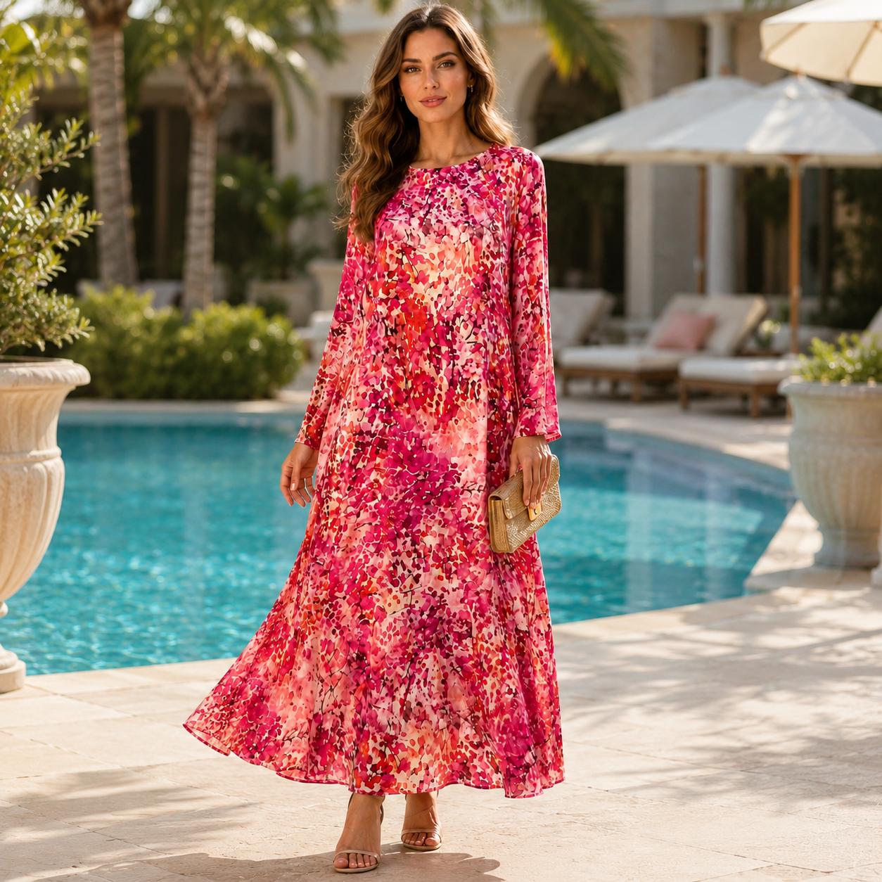 Women’s Premium Silk Fabric Floral Print Longsleeve Maxi Dress - Round Neck, Flowy A-Line, Elegant Casual Wear for Brunch Dates, Daily Use - Hand Wash Only Casual Dresses (Dry Clean Recommended, Do Not Bleach, Hang Dry) image 6