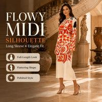 Light luxury satin orange abstract swirl print crew neck flared long sleeves midi dress Bohemian island vacation party high-end straight long dress image 6