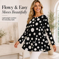 Women's Light Luxury Satin Crew Neck Long Sleeve Tunic Shirts - Black Base with Large Polka Dots, Mid-Length, Loose Drape, Curve-Hiding, Breathable Casual Bohemian Commuter Cover-Up Tops image 6