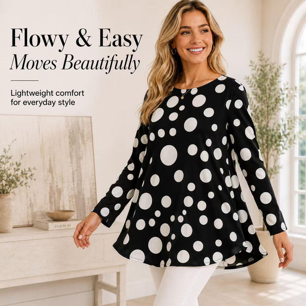Women's Light Luxury Satin Crew Neck Long Sleeve Tunic Shirts - Black Base with Large Polka Dots, Mid-Length, Loose Drape, Curve-Hiding, Breathable Casual Bohemian Commuter Cover-Up Tops image 6