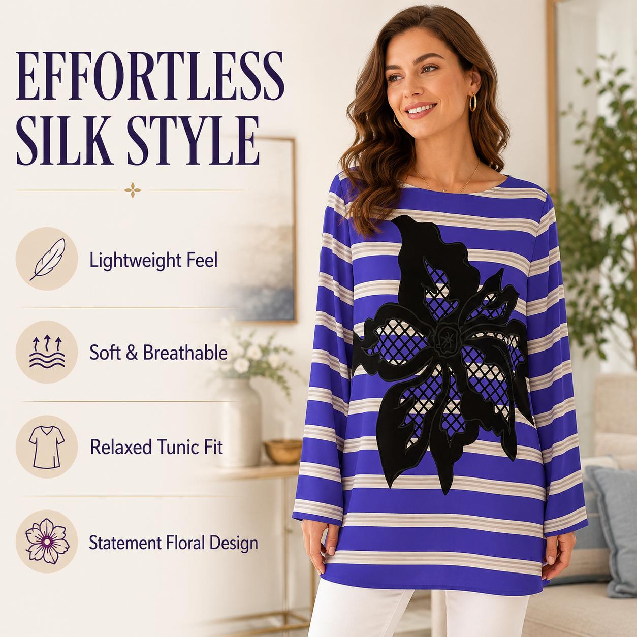 Women's Light Luxury Breathable Faux Silk Striped Blouse - Blue & White Horizontal Stripes, 3D Floral Appliqué, Crew Neck, Longsleeves, Mid-Length, Relaxed Fit, Plus Size Curve-Concealing Clothes image 6