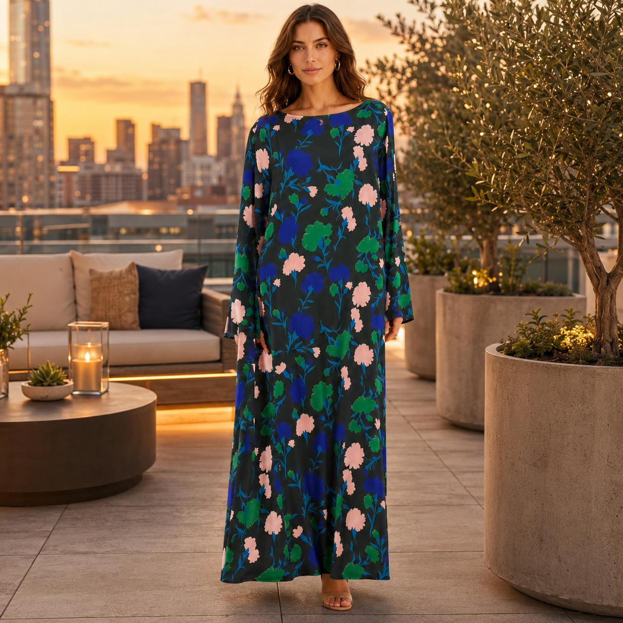 Women’s Premium Silk Floral Print Maxi Dress - Longsleeves, Full Sleeve, Loose Fit, Round Neck, Feminine Flair Elegant Casual Wear for Holiday, Dinner (S, 2XL) - Do Not Bleach image 7