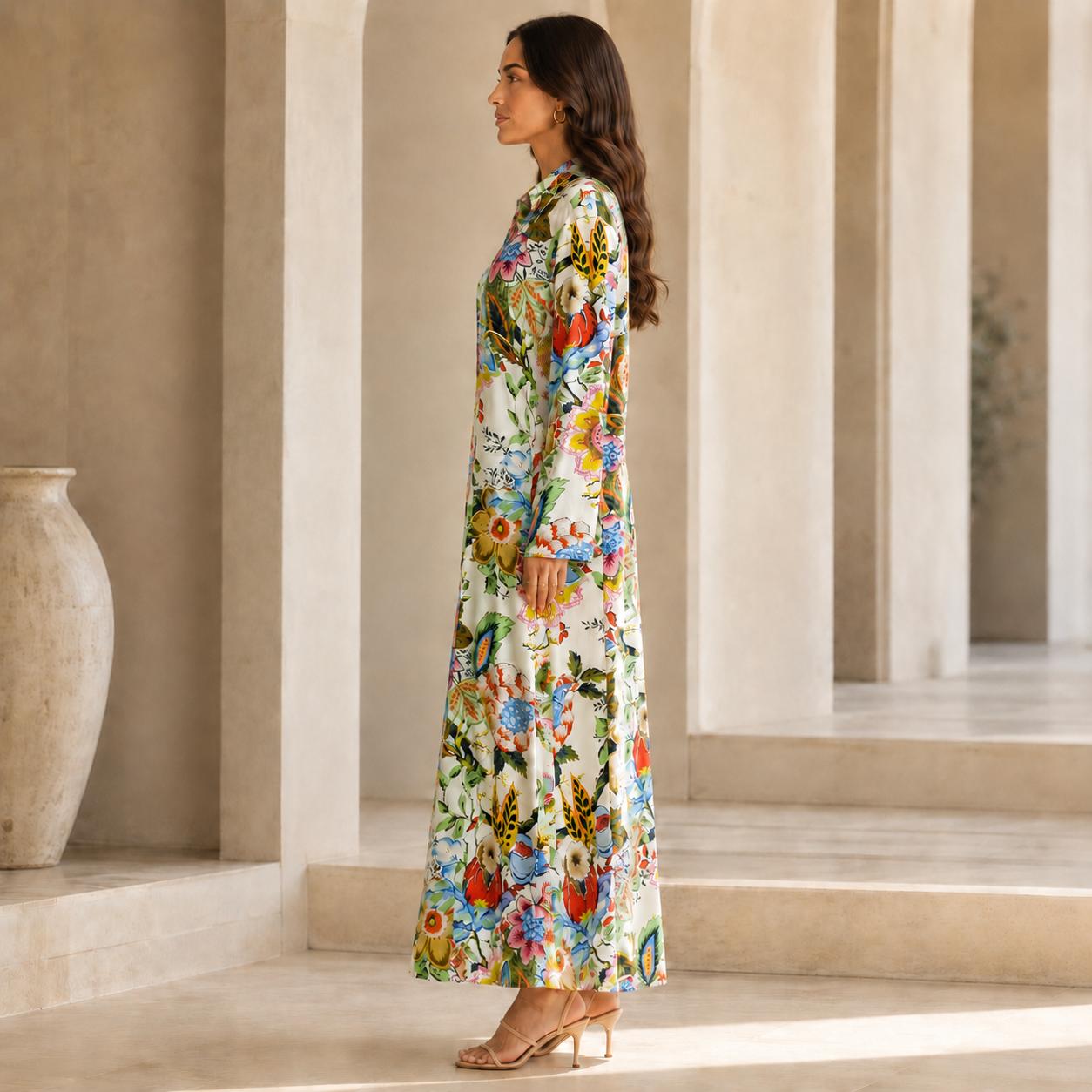 Women’s Premium Silk Floral Maxi Dress – Elegant long-sleeve collared A-line dress for vacations and everyday wear image 7