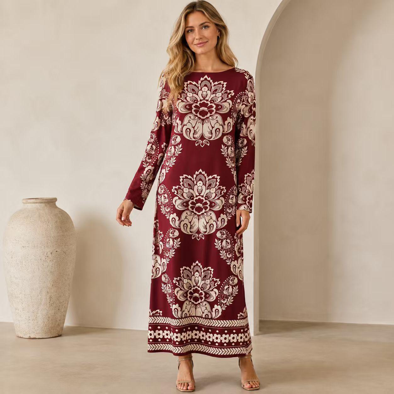 Luxury premium satin burgundy maxi dress for women with ethnic floral print, elegant round neck, long sleeves, loose straight fit, bohemian style, floor-length gown—ideal for resort vacations. Boho Chic Dress Summer image 7