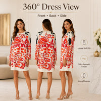 Women's Abstract Print Longsleeves Faux Silk Shift Dress - Round Neck, Knee-Length, Casual Vacation Wear image 7