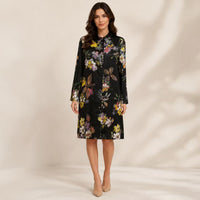 Women's Silky Satin Black Floral Print Long Sleeve Shirt Pullover - Collared Neck, Loose Straight Fit, Minimalist Knee-Length Shift Dress, Suitable for Office & Casual Wear Womenswear Summer image 7