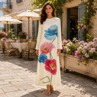 Women’s Premium Silk Round Neck Longsleeve Oversized Orchid Floral Design Dress - Loose-Fit A-Line Flowing Maxi, Elegant Silk Fabric, Formal Dinner Vacation Party Casual Womenswear Crewneck image 7