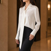 Women’s Formal Fit Chic Smooth Silk-Feel Tie-Neck Long Sleeve Blouse - Comfortable Fabric Office Workwear for Dressy Business Casual Pairing with Skirts, Suits, Trousers, Fitted image 7