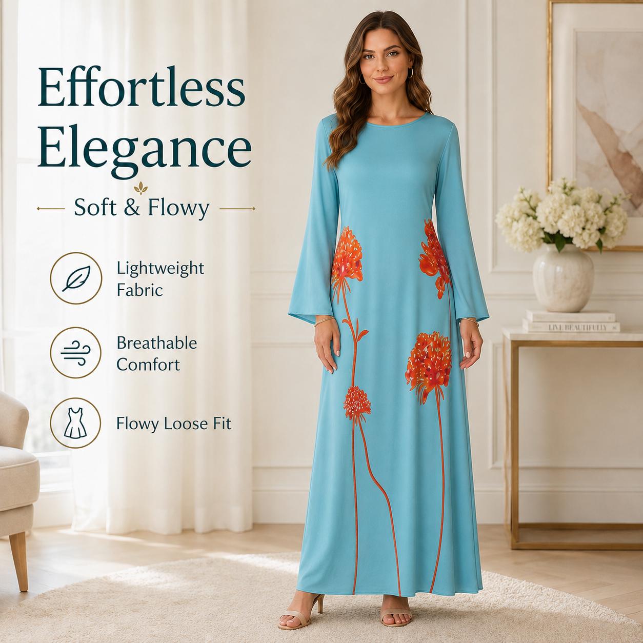 Light luxury faux silk long dress in lake blue and orange floral print, crew neck, bell sleeves, loose fit, maxi length; casual vacation style with a fluid drape and flared silhouette. image 7