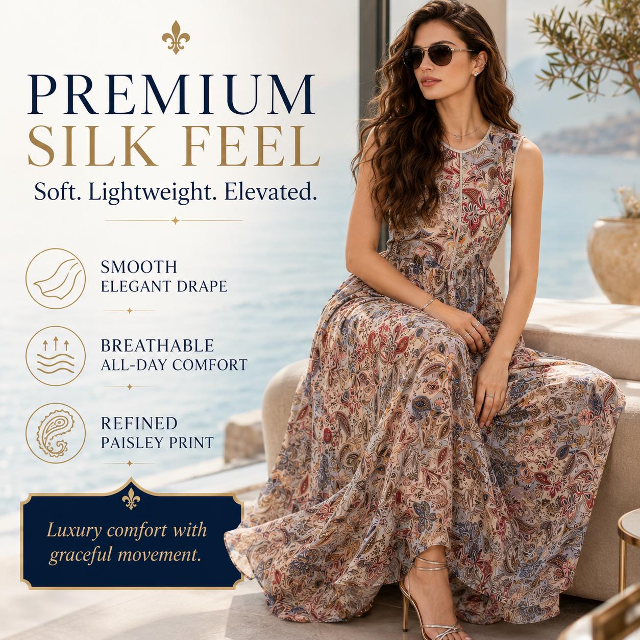 Women's Bohemian Pullover Maxi Dress - Silk Touch Rayon, Sleeveless Round Neck, Waist Cinch, Vintage Paisley Floral Mix, Light Luxury, Flowy Wide Hem, Vacation Beach Casual Womenswear image 7