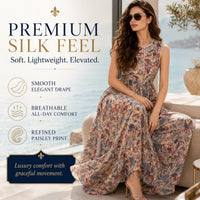 Women's Bohemian Pullover Maxi Dress - Silk Touch Rayon, Sleeveless Round Neck, Waist Cinch, Vintage Paisley Floral Mix, Light Luxury, Flowy Wide Hem, Vacation Beach Casual Womenswear image 7
