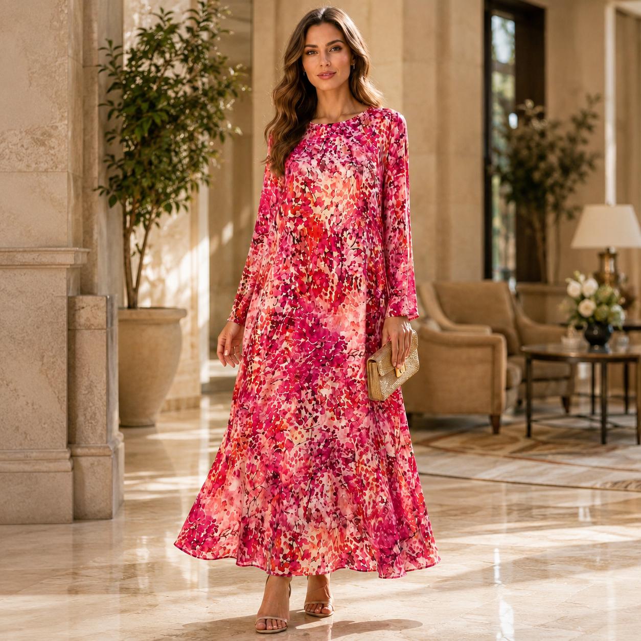 Women’s Premium Silk Fabric Floral Print Longsleeve Maxi Dress - Round Neck, Flowy A-Line, Elegant Casual Wear for Brunch Dates, Daily Use - Hand Wash Only Casual Dresses (Dry Clean Recommended, Do Not Bleach, Hang Dry) image 7