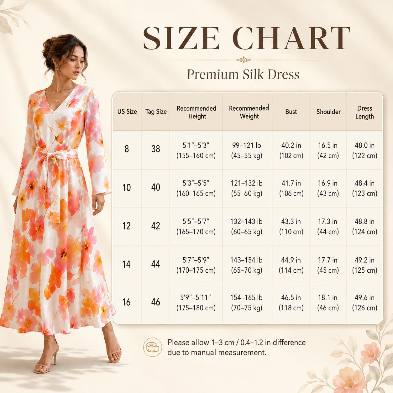 Women's Deep V-Neck Long Sleeve Silk Satin Maxi Dress - Orange Pink Floral Print Wrap Style with Waist Tie-Up Belt, Hand Wash, Elegant Flowy Long Length Wedding Guest Party Dress image 7