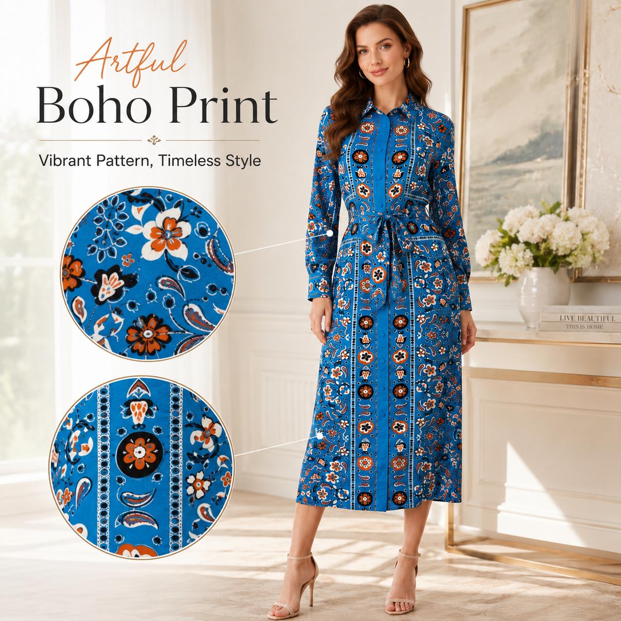 Light luxury faux silk long dress with a blue base, ethnic floral print, turn-down collar, long sleeves, and a cinched waist—Bohemian vacation style, mid-length, tie detail. image 7