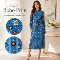 Light luxury faux silk long dress with a blue base, ethnic floral print, turn-down collar, long sleeves, and a cinched waist—Bohemian vacation style, mid-length, tie detail. image 7