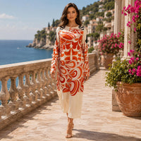 Light luxury satin orange abstract swirl print crew neck flared long sleeves midi dress Bohemian island vacation party high-end straight long dress image 7
