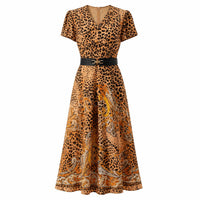 Women's Luxury Silk Maxi Dress, Elegant Leopard Print V Neck Dress with Belt, Premium Resort Style Short Sleeve Long Dress for Vacation, Party & Dinner Formal Womenswear image 7