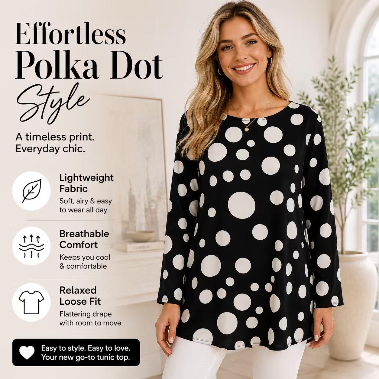 Women's Light Luxury Satin Crew Neck Long Sleeve Tunic Shirts - Black Base with Large Polka Dots, Mid-Length, Loose Drape, Curve-Hiding, Breathable Casual Bohemian Commuter Cover-Up Tops image 7