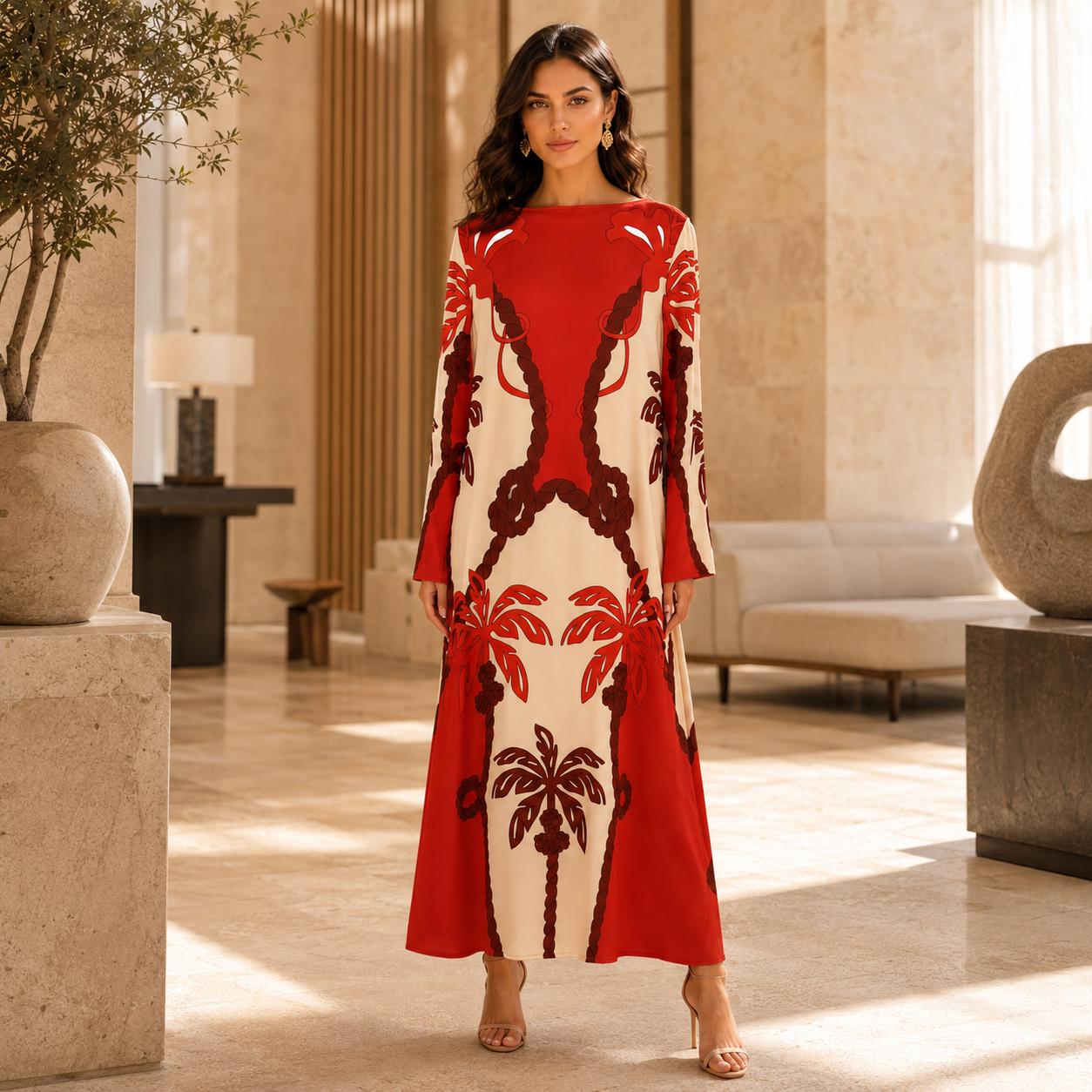 Women's Satin Pullover Crew Neck Bell Long Sleeve Maxi Dress, Bohemian Palm Tree Print Flowy Gown for Vacation, Upscale Dinner Dates, Hand Wash Casual Womenswear image 7