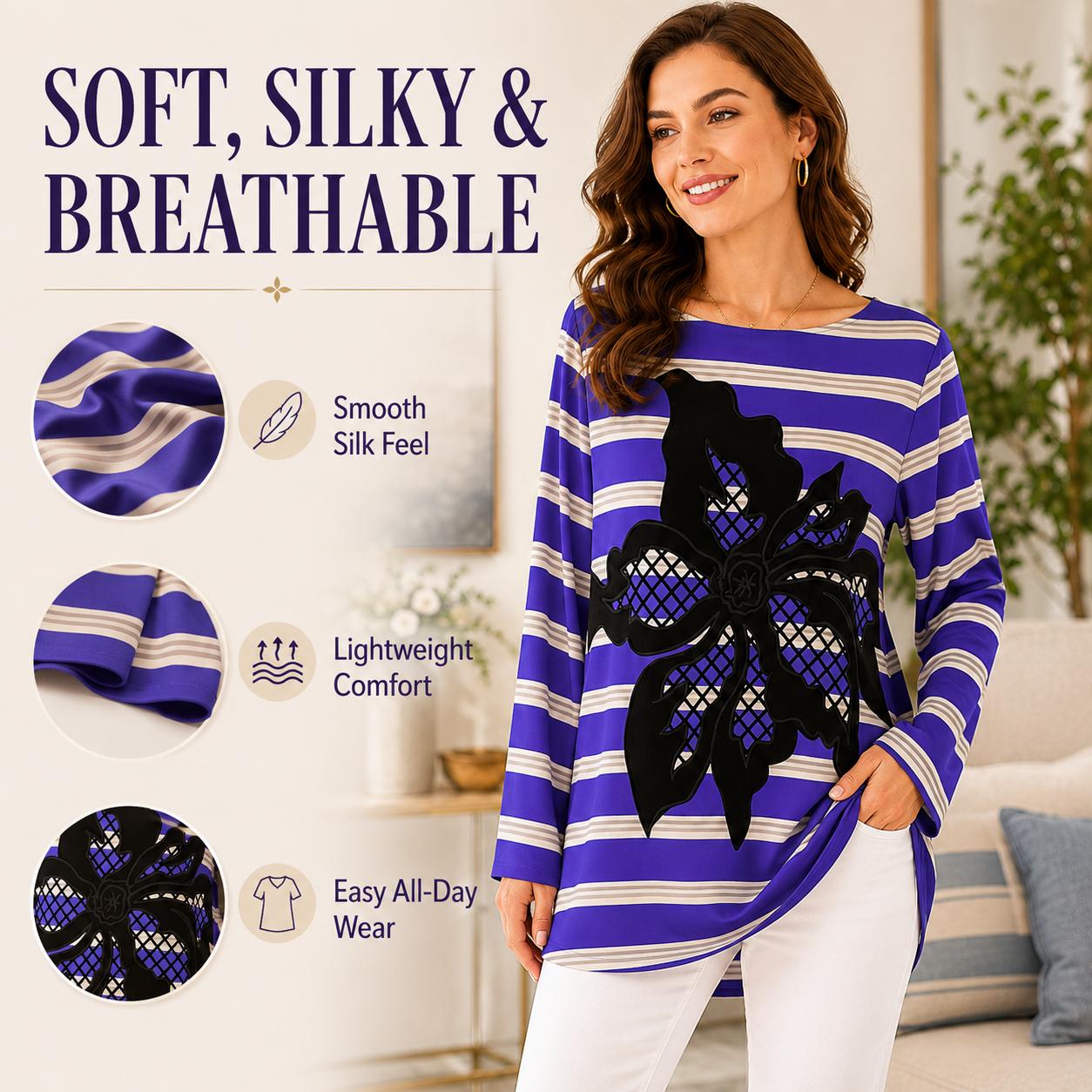 Women's Light Luxury Breathable Faux Silk Striped Blouse - Blue & White Horizontal Stripes, 3D Floral Appliqué, Crew Neck, Longsleeves, Mid-Length, Relaxed Fit, Plus Size Curve-Concealing Clothes image 7
