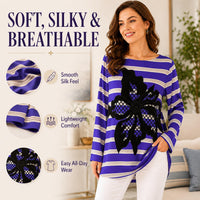Women's Light Luxury Breathable Faux Silk Striped Blouse - Blue & White Horizontal Stripes, 3D Floral Appliqué, Crew Neck, Longsleeves, Mid-Length, Relaxed Fit, Plus Size Curve-Concealing Clothes image 7