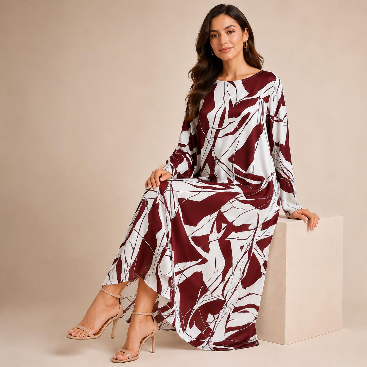 Women's Silk Full-Length A-Line Cut Dress, Elegant Artistic Print with Long Sleeves - Loose Fit for Vacation & Evening Formal Events image 8