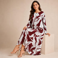 Women's Silk Full-Length A-Line Cut Dress, Elegant Artistic Print with Long Sleeves - Loose Fit for Vacation & Evening Formal Events image 8