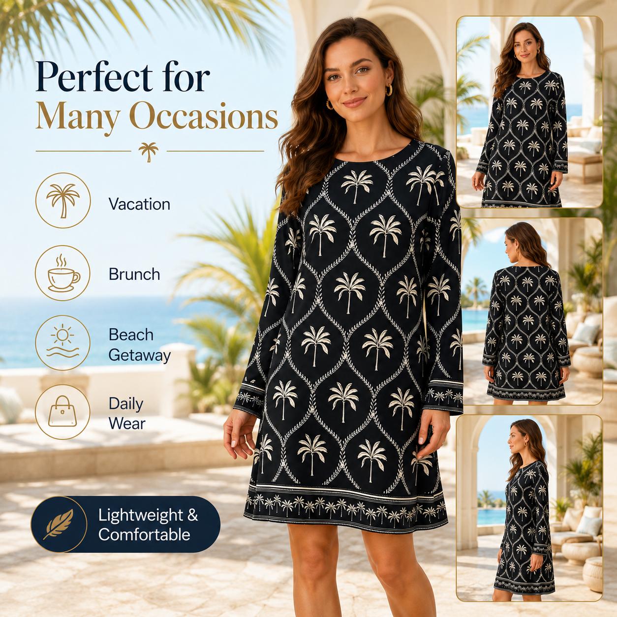 Women's Glossy Satin Palm Print Casual Dress - Crew Neck (Round Neck), Long Sleeve, Loose Straight Cut, Knee-Length, Light Luxury Boho Vacation Style, Dry Clean & Hand Wash Only, Long Sleeve Shirt, Boho Casual image 8
