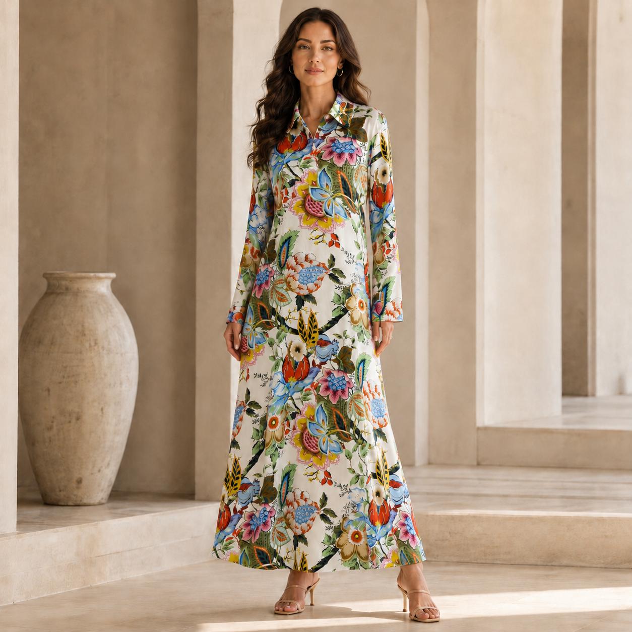 Women’s Premium Silk Floral Maxi Dress – Elegant long-sleeve collared A-line dress for vacations and everyday wear image 8