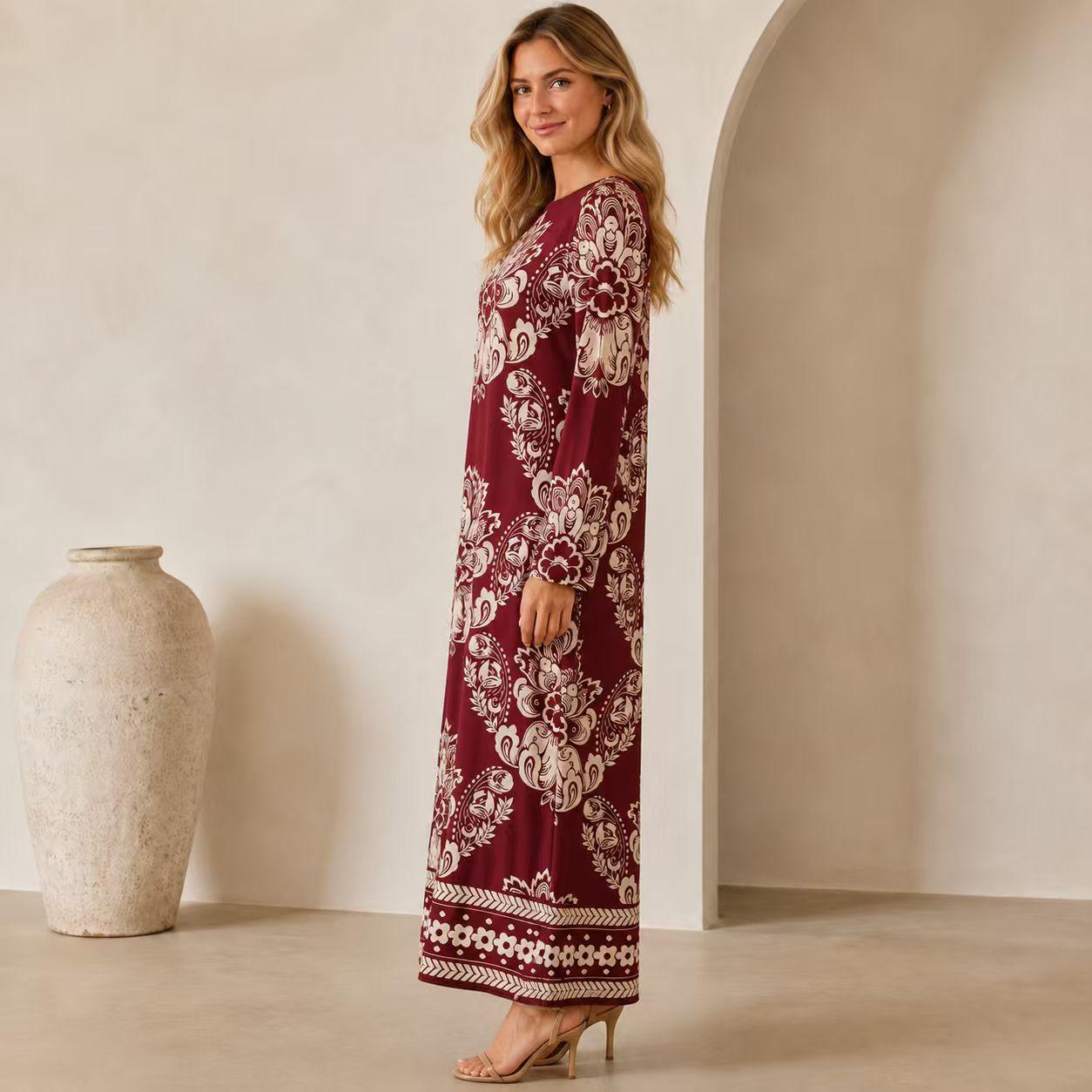 Luxury premium satin burgundy maxi dress for women with ethnic floral print, elegant round neck, long sleeves, loose straight fit, bohemian style, floor-length gown—ideal for resort vacations. Boho Chic Dress Summer image 8