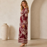 Luxury premium satin burgundy maxi dress for women with ethnic floral print, elegant round neck, long sleeves, loose straight fit, bohemian style, floor-length gown—ideal for resort vacations. Boho Chic Dress Summer image 8