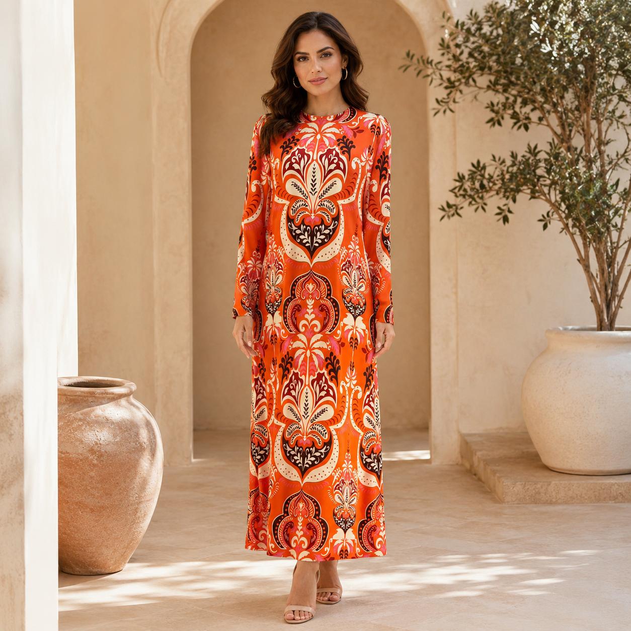 Women's Luxury Silk Boho Maxi Dress - Chic, Comfortable, Modest Long-Sleeve V-Neck Floral Print A-Line, Smooth Lightweight for Everyday Outfits, Vacation Evening Wear, Style image 8