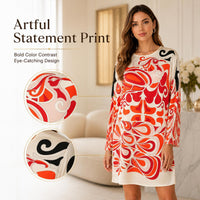 Women's Abstract Print Longsleeves Faux Silk Shift Dress - Round Neck, Knee-Length, Casual Vacation Wear image 8